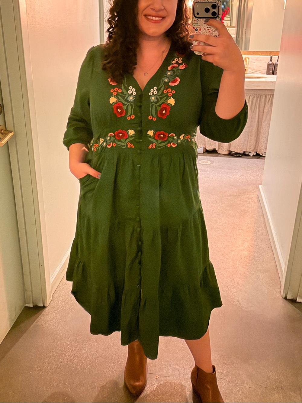 Green Flower Embroidered V-Neck Midi Dress